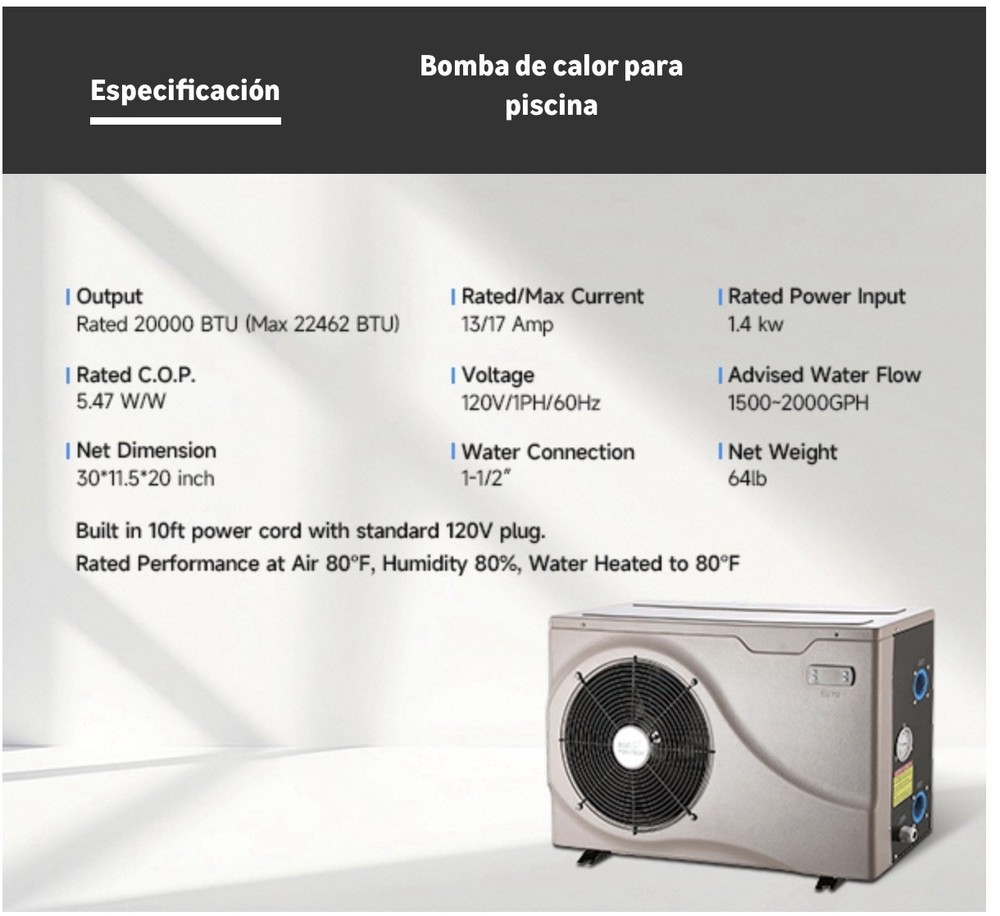 ECO POOLTECH EU70 Heat Pump 17000-20000 BTU IPX4 for Swimming Pools