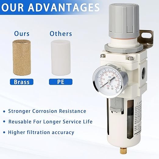 1/2" NPT Compressed Air Filter Regulator Combo, 5 Micron Brass Filter