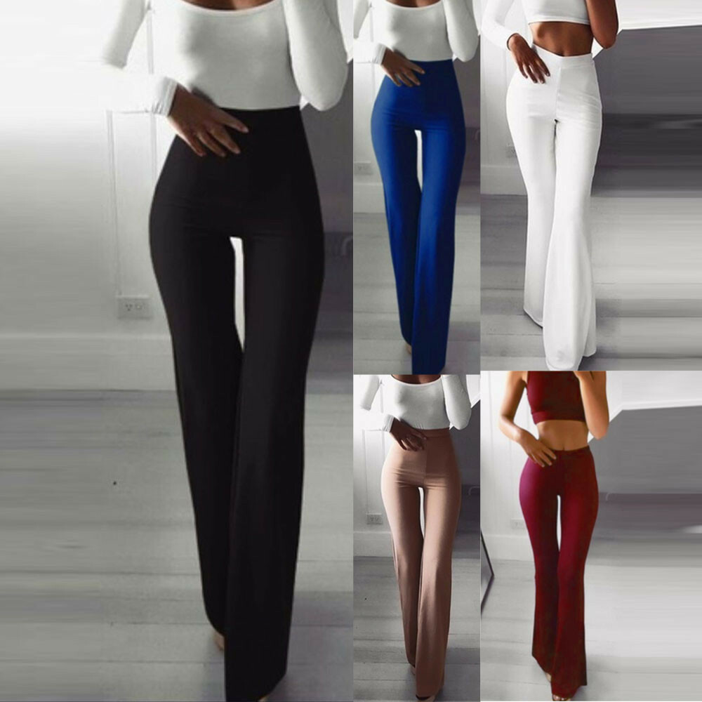 Women's Stretchy Pull On Flare Leg Pants Basic Casual Solid Yoga Bell Bottoms US