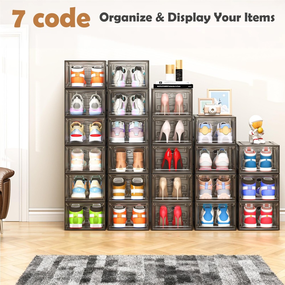 7 code Large Clear Shoe Boxes Organizer【Thicker Material】 9 pcs, Black