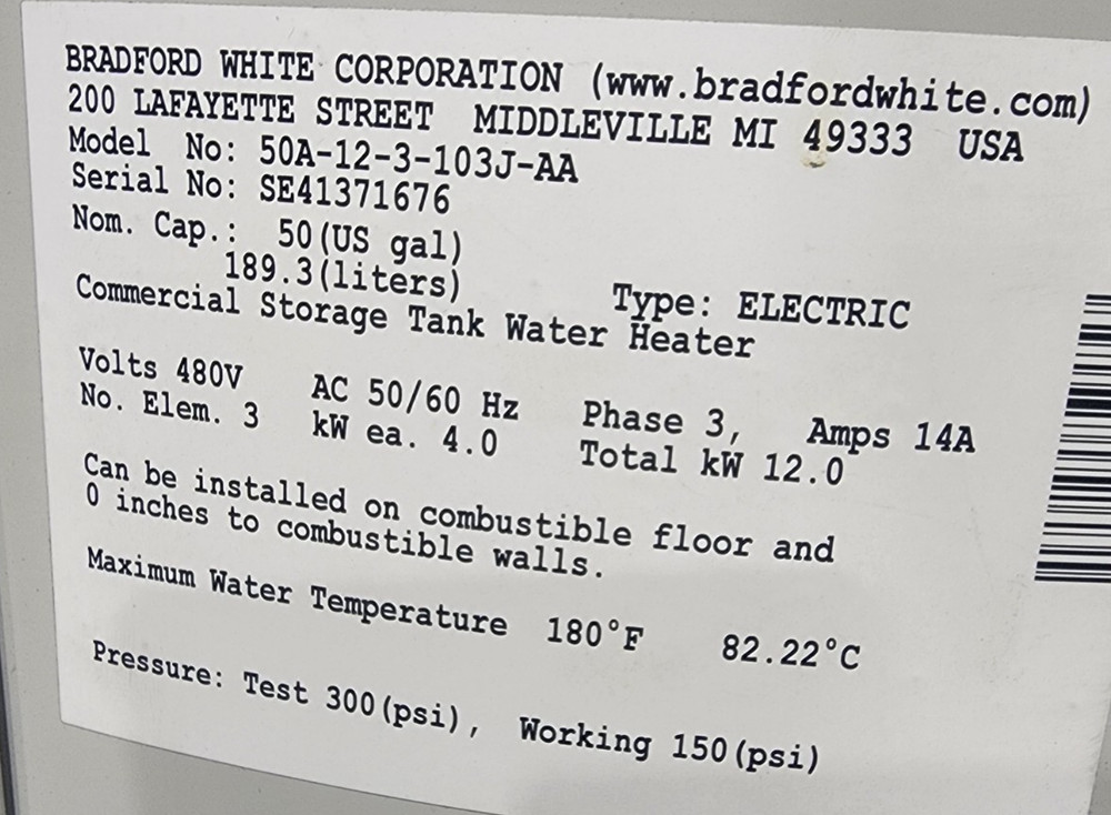 🤠 BRADFORD WHITE 50 GAL MAGNUM SERIES WATER HEATER 276500 BTU/HR 150 PSI HCC