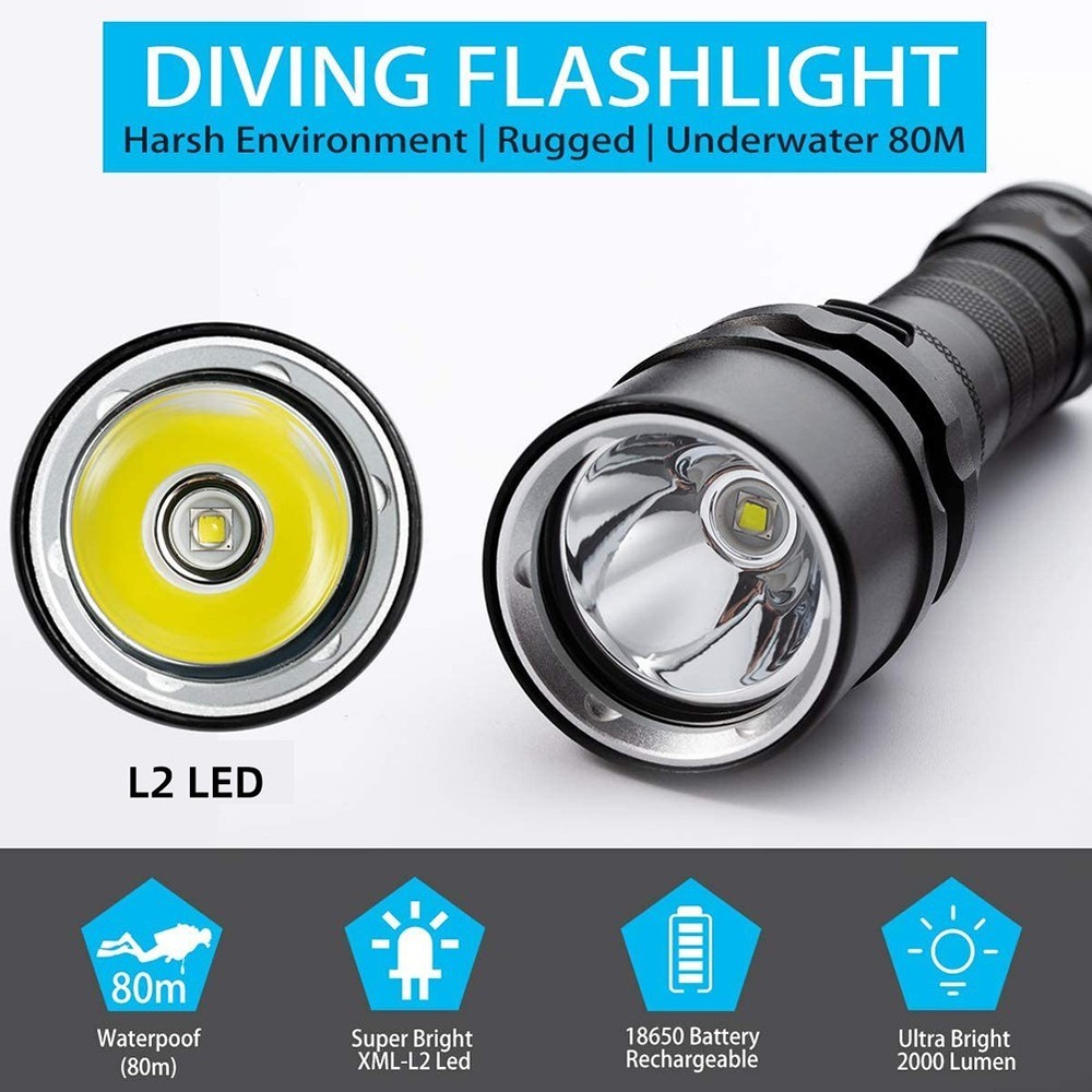 Waterproof Dive Torch L2 LED Flashlight for Deep Underwater Exploration