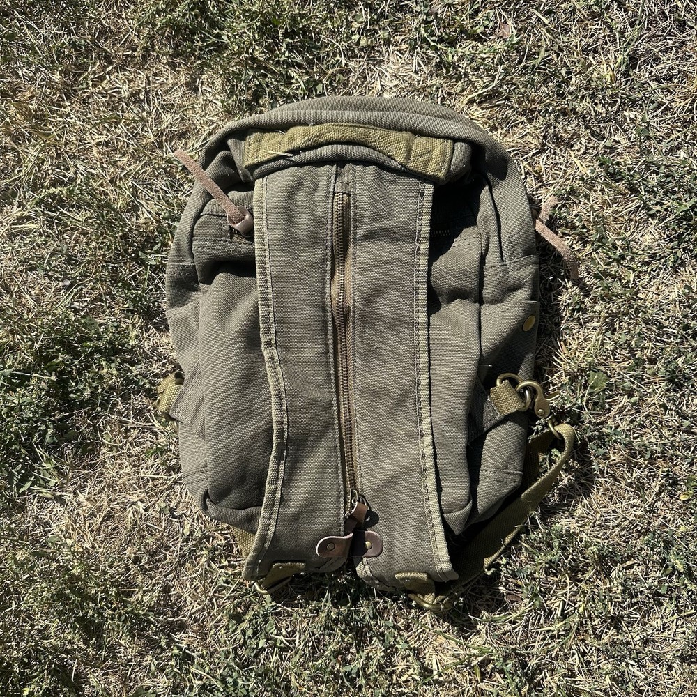 Natures Lodge Backpack, Olive Green Canvas W/Leather Pulls