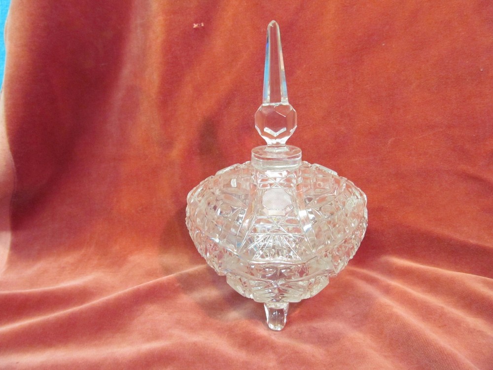 8 3/4" TRIANGULAR PRESSED GLASS LIDDED & FOOTED CANDY DISH WITH SPIKE SPIRE