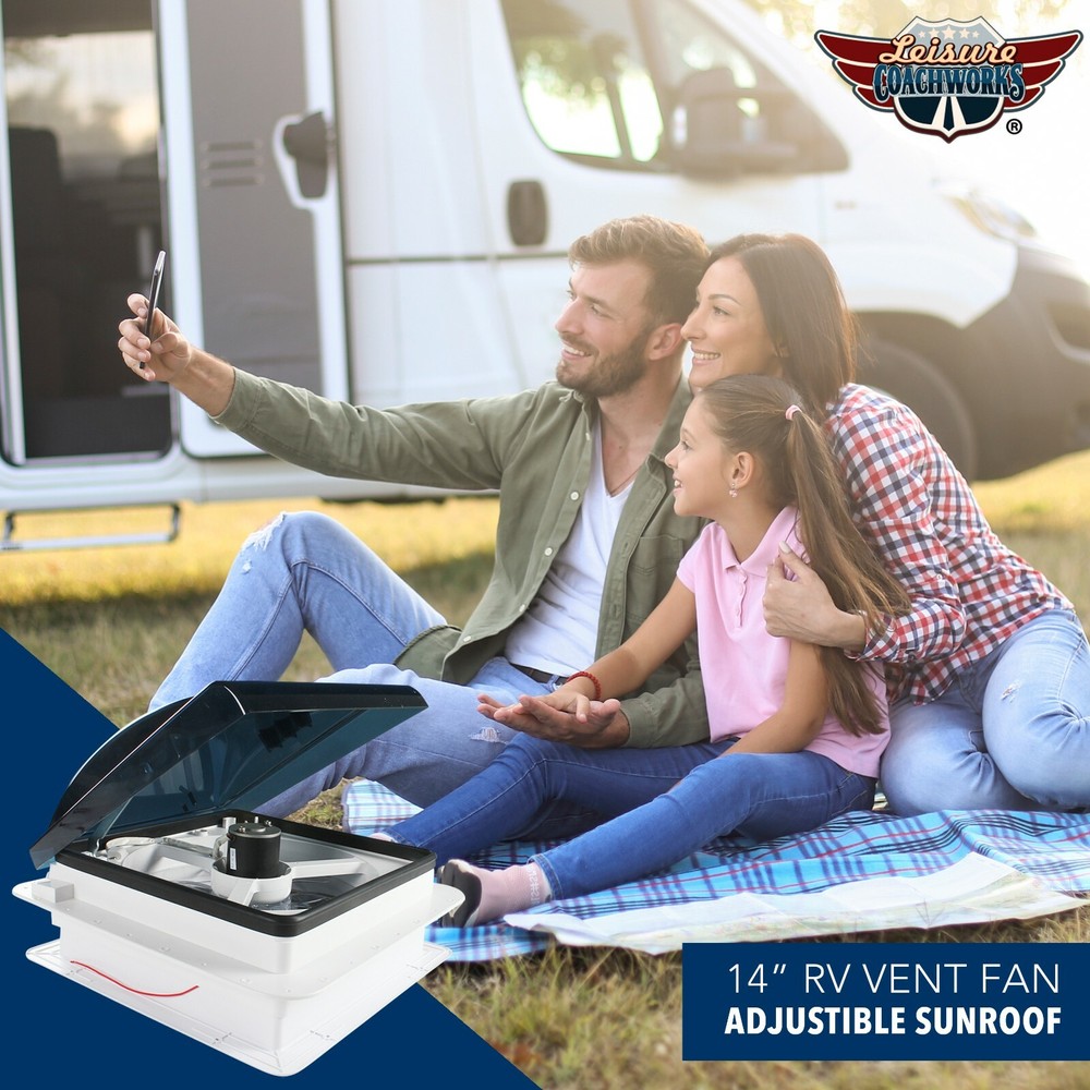 Leisure Coachworks RV Roof Vent Fan 6 Speed 12 Volt with Smoked Lid Manual Riser