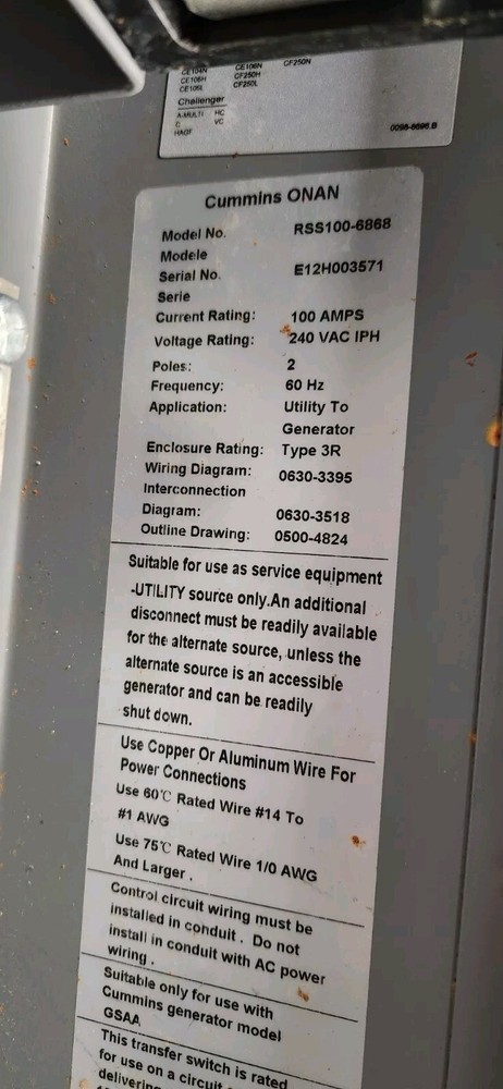 Cummins Onan RSS100-6868 100A 240VAC 1PH 2P Automatic Transfer Switch
