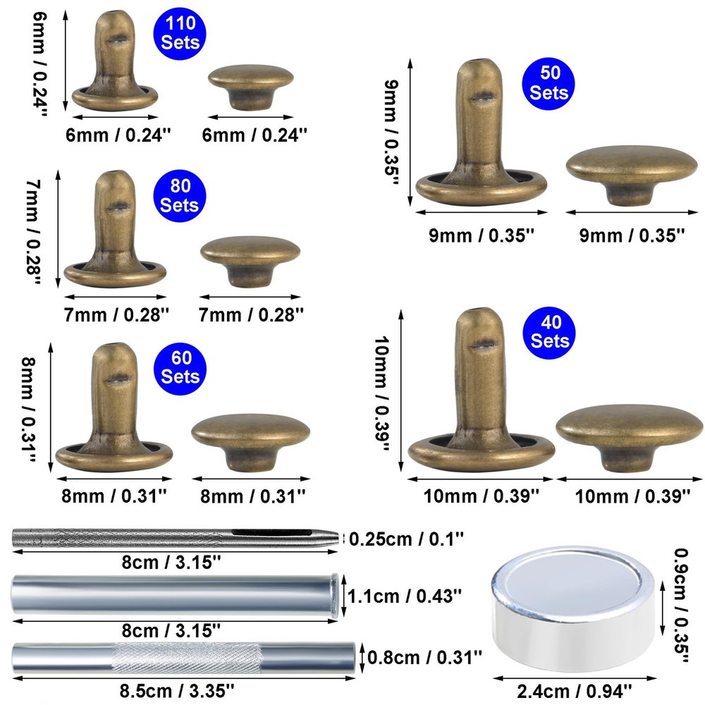340 Sets Leather Rivets Kit Mixed Sizes Rivets for Leather Double Cap Rivets ...