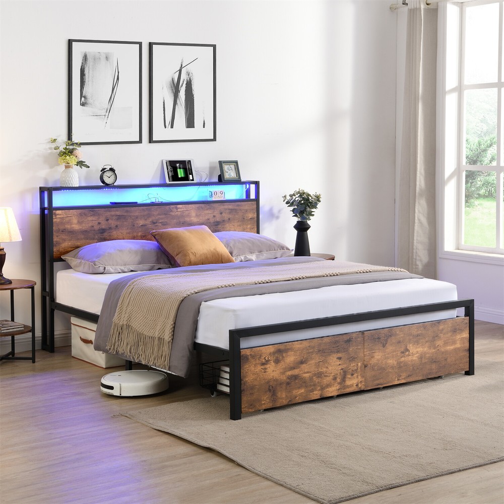 Full Size LED Bed Frame with Storage Headboard & 2 Drawers Metal Platform Bed