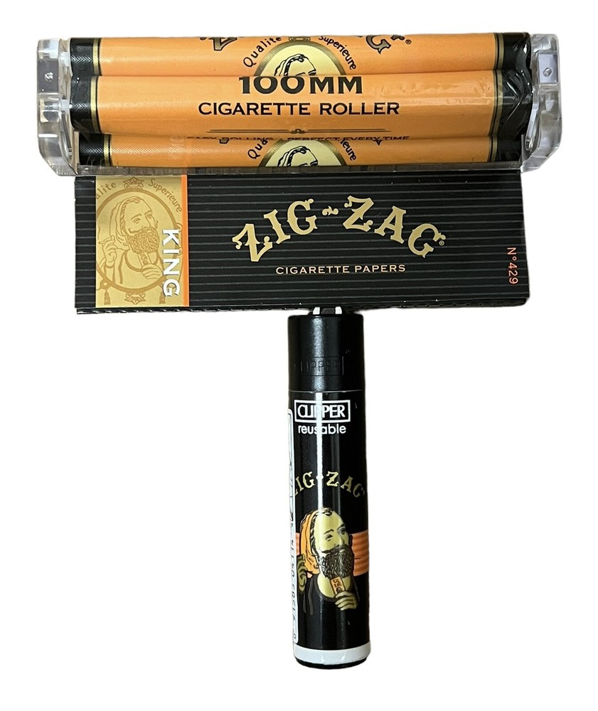 ZIG ZAG KING SIZE CIGARETTE PAPERS + CLIPPER LIGHTER + 100mm ROLLING MACHINE