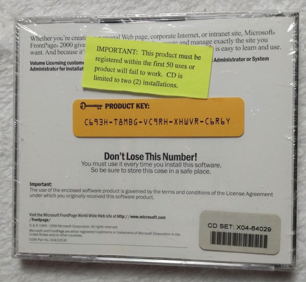Microsoft Front Page 2000 CD Software Penn State University Copy w/Product Key