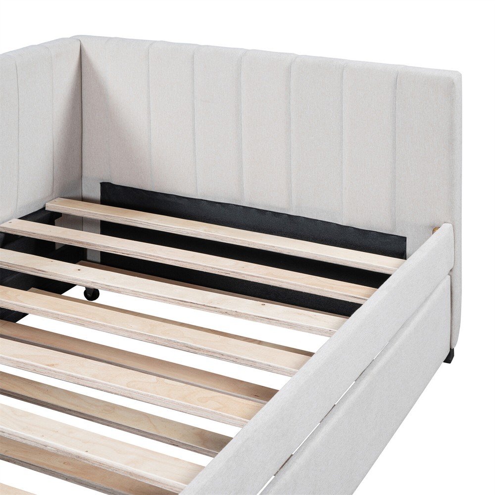 Twin Size Daybed w/ Pull Out Trundle Linen Upholstered Bed Frame Sofa Bed