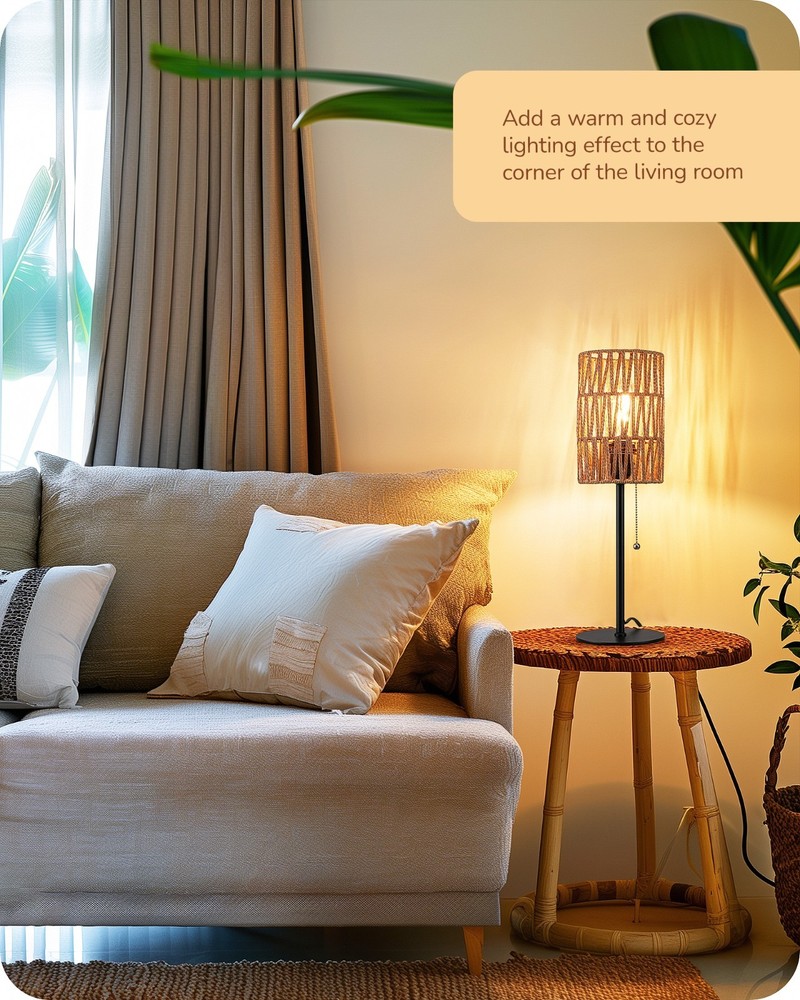 EDISHINE Rattan Table Lamp, Boho Nightstand Lamp with Pull Chain, E26 Socket