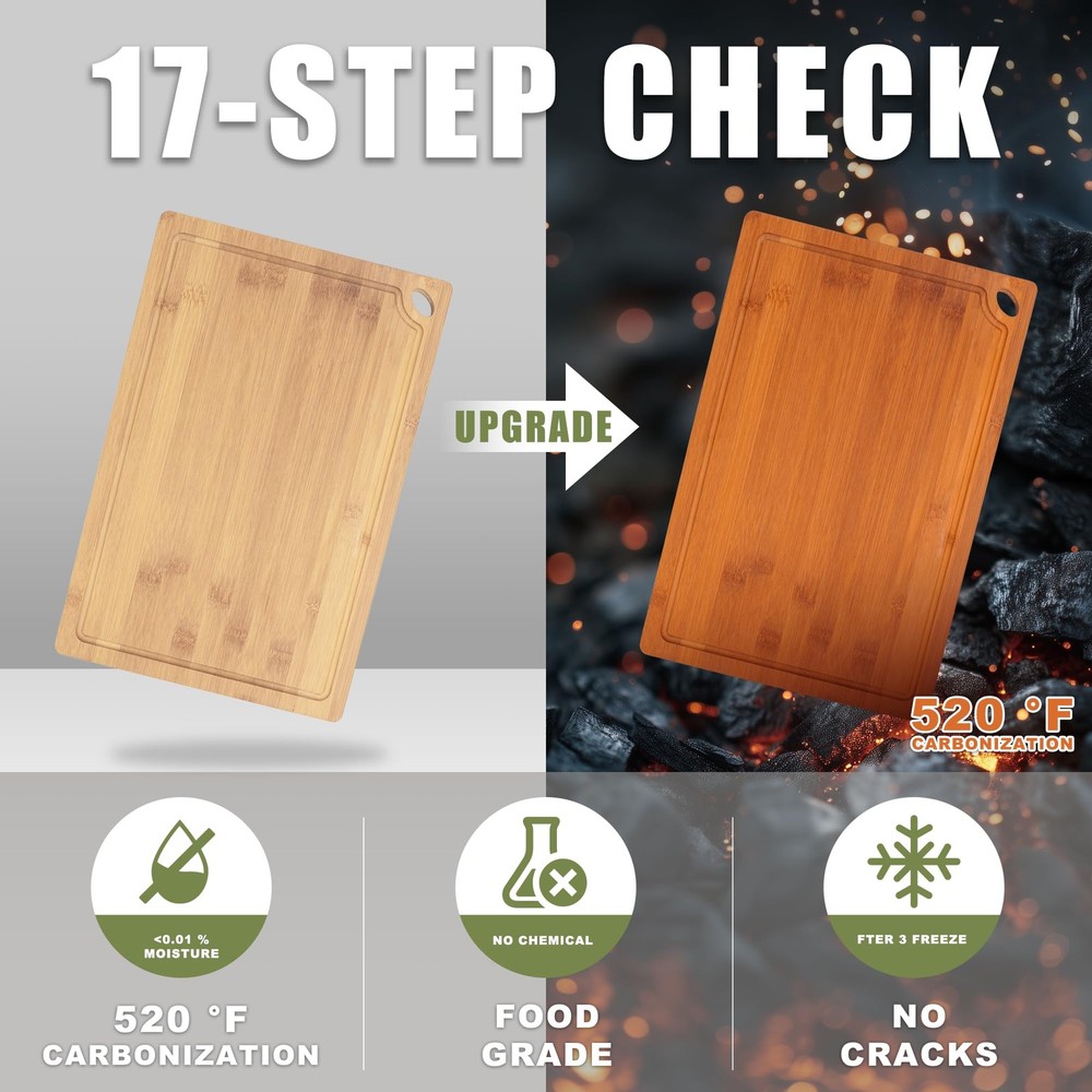3-Piece Organic Bamboo Cutting Board Set for Kitchen - Carbonized Extra Sturd...