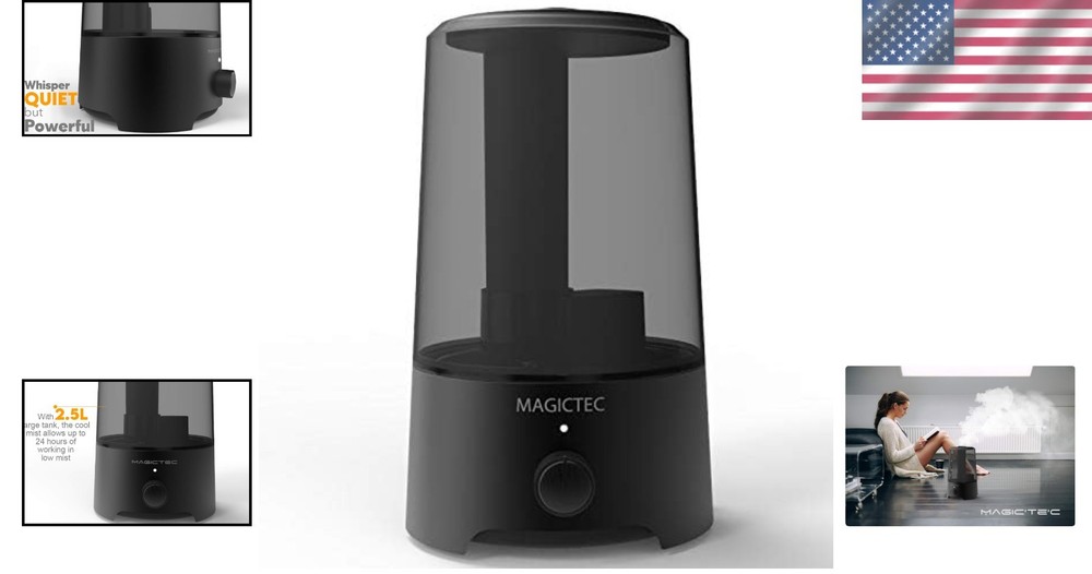 Ultrasonic Humidifier with Auto Shut-Off – Silent 360° Black Diffuser