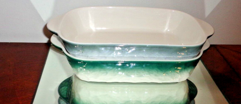 Set of 2 Green & Gray Ceramic Rectangular Baking Roasting Stackable Pan 9X5.5X1"