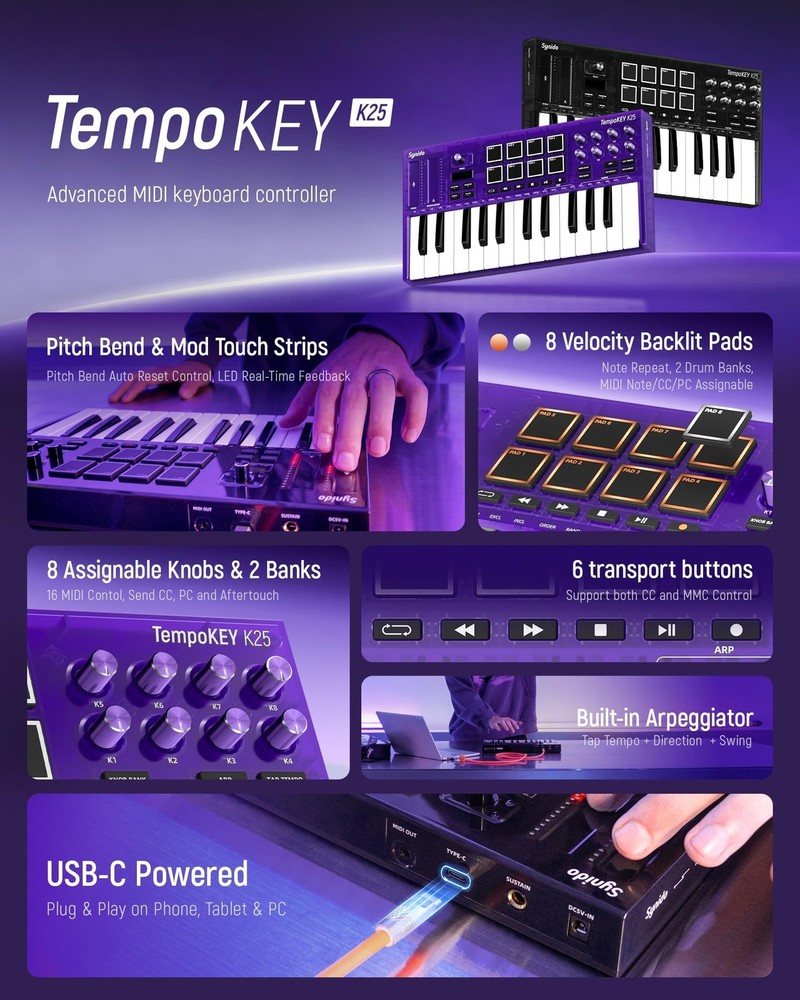 Synido 25 Key USB MIDI Keyboard Controller with Drum Pads, Professional Mini ...