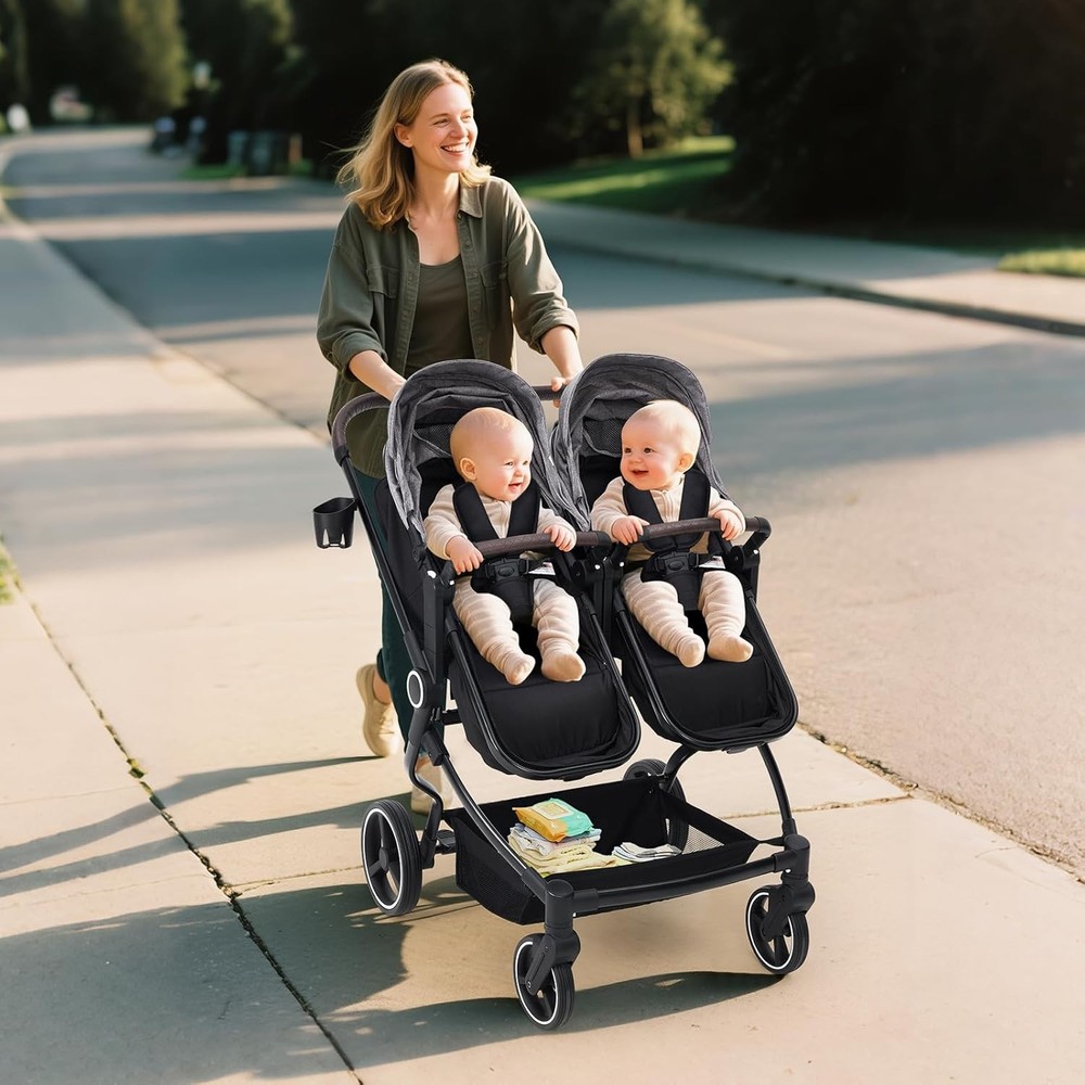 Side by Side Double Stroller Lightweight Compact Foldable Baby Travel Stroller