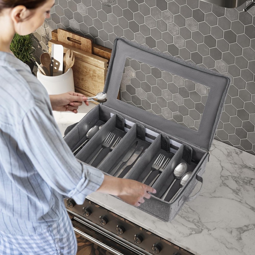 Flatware Utensil Storage Case, Silverware Storage Box Chest with Adjustable D...
