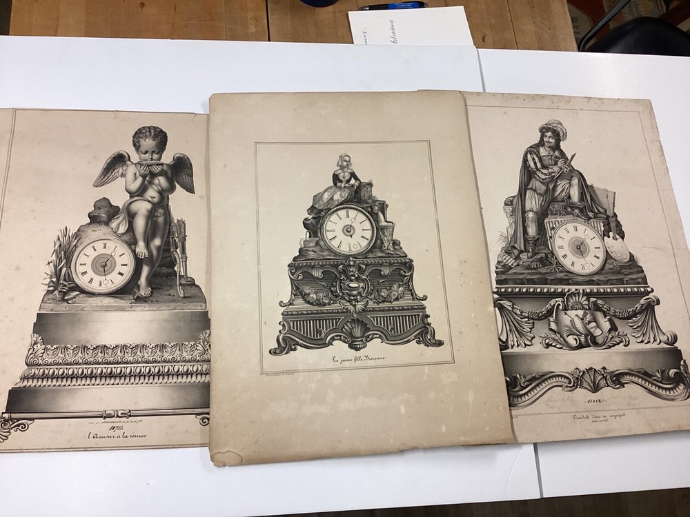 3 Large Antique Clock Lithographs No Other Examples Found