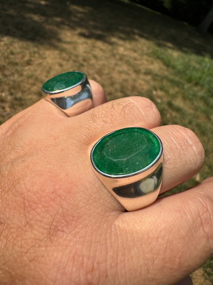 Large 18ct Genuine Emerald Gemstone Mens Real Solid 925 Silver Oval Signet Ring