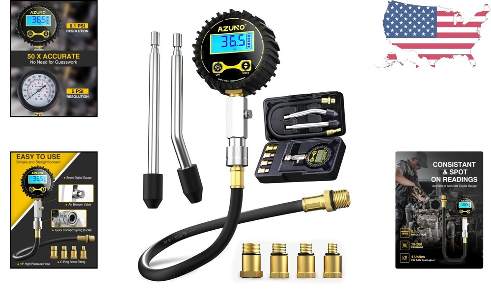 Precision Digital Compression Tester for Petrol Engines – 200 PSI with Adapters