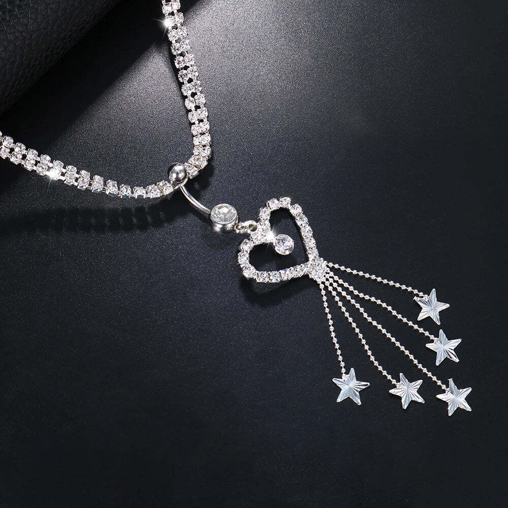 Boho Heart Dangle Rhinestone Piercing Navel Belly Button Ring Waist Chain