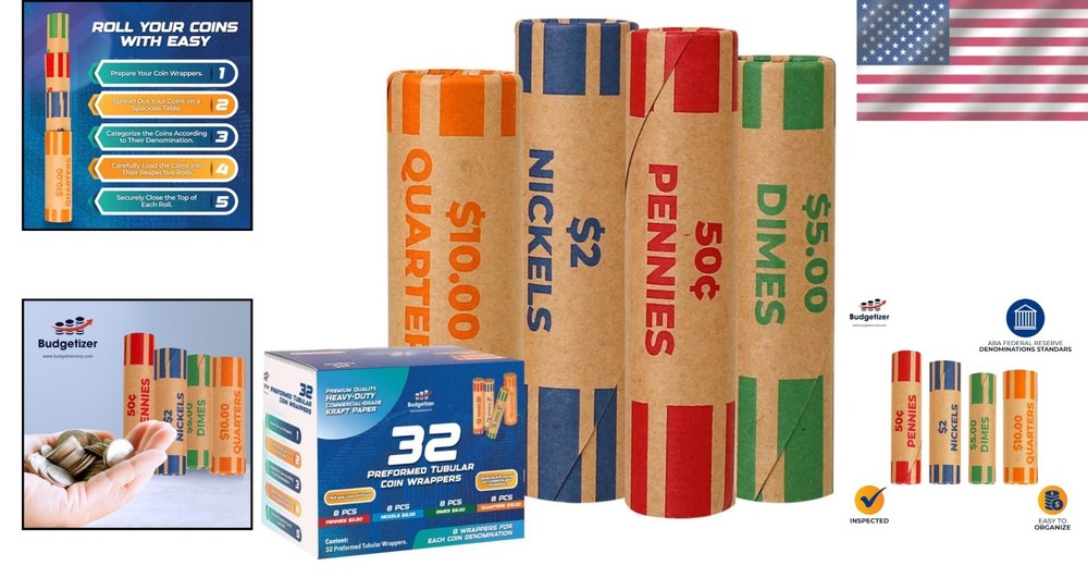 Durable 32 Coin Rolls Wraps - ABA Standard Color-Coded for Effortless Organizing