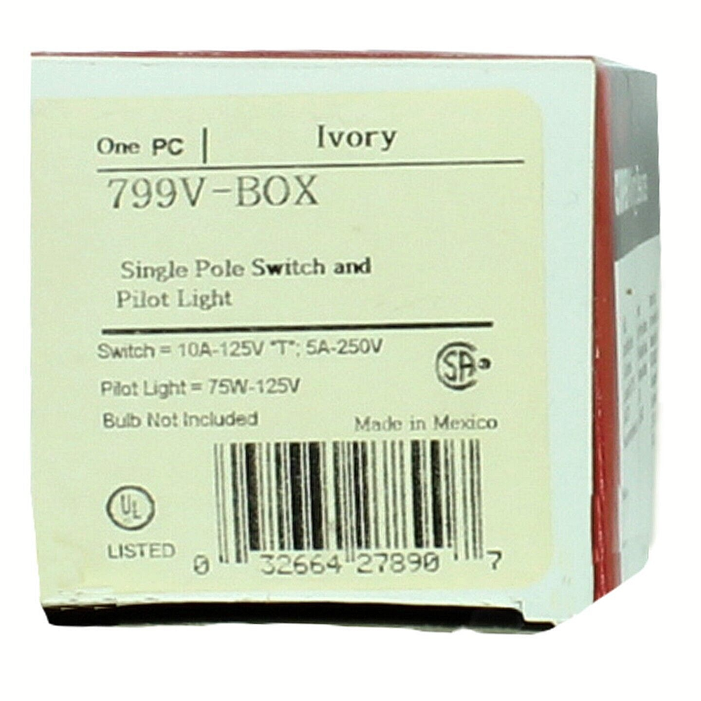 Cooper Wiring Single Pole Switch and Pilot Light, Ivory 799V-BOX