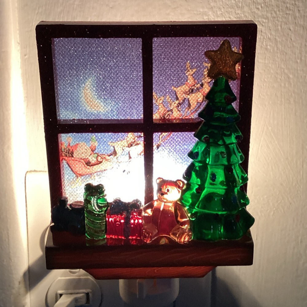 Christmas Night Light Santa Reindeer Window Scene