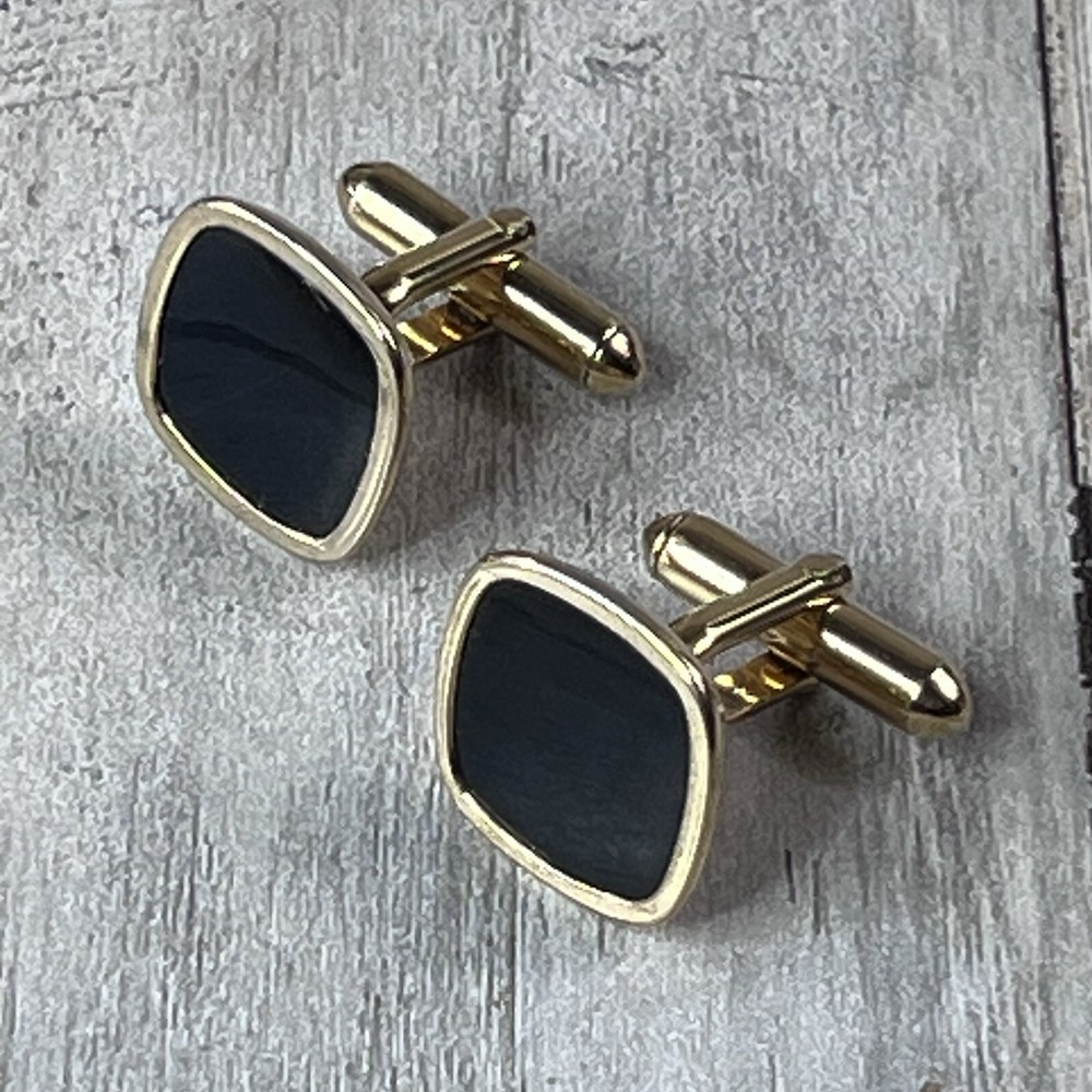 Gold Tone Black Square Stone Cufflinks