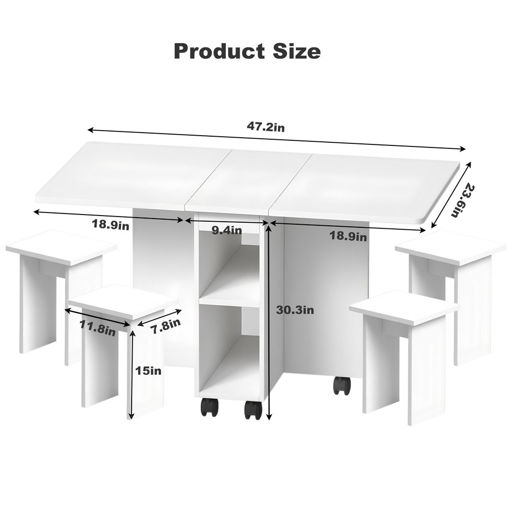Folding Dining Table Set 4 Chairs, Space Saving with Storage & Wheels, White