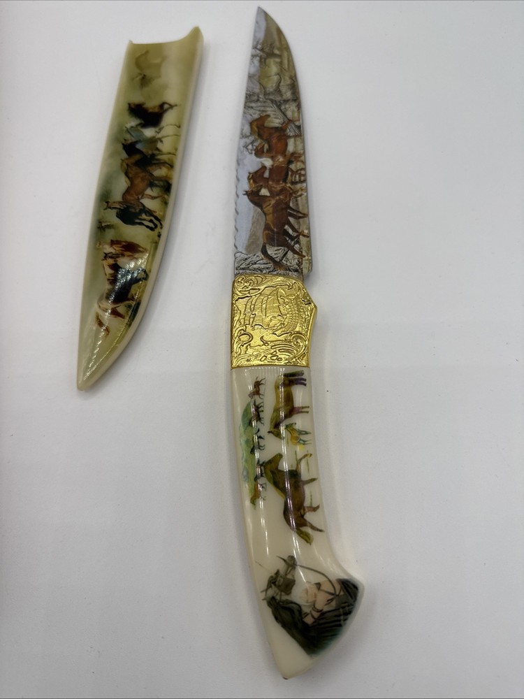12” Horse Themed Knife With Sheath - Gold Ship Crest On Handle - Sharp - Nice!!