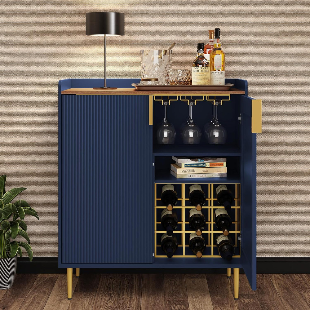 Modern Blue Sideboard Buffet Cabinet with Wine Rack & Drawers
