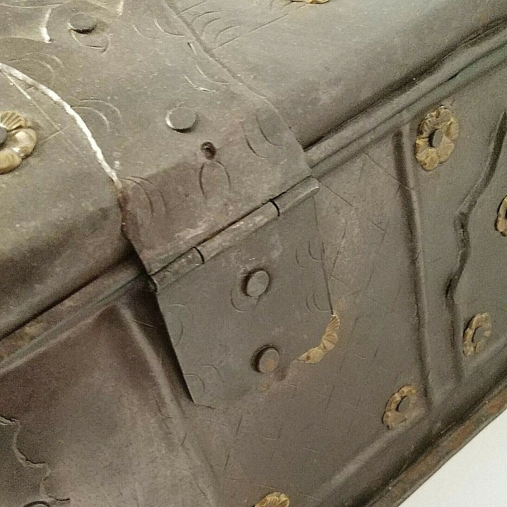Vintage Metal Document Chest Box w/ Applied Brass Rosettes & Primitive Etching