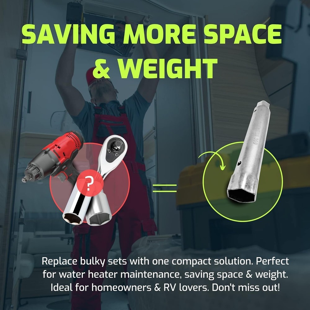 Rv Water Heater Anode Rod & Element Socket Wrench - 10" Dual Hex Extra Torque...