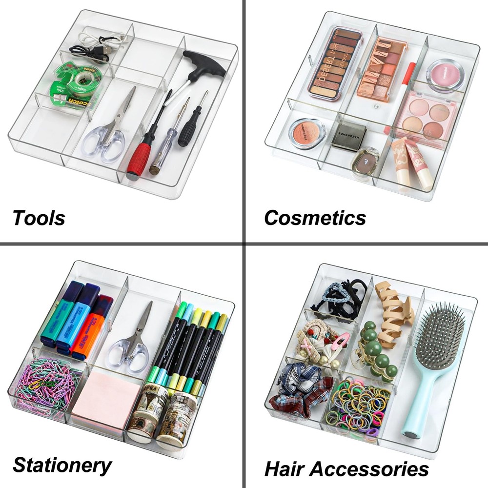 Adjustable Clear Drawer Organizer, Plastic Drawer Divider Tray with Removable...