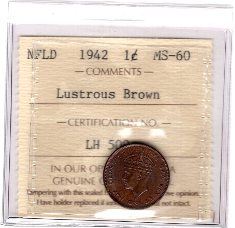 1942 Newfoundland One Cent Coin - Lustrous Brown - ICCS Graded MS-60