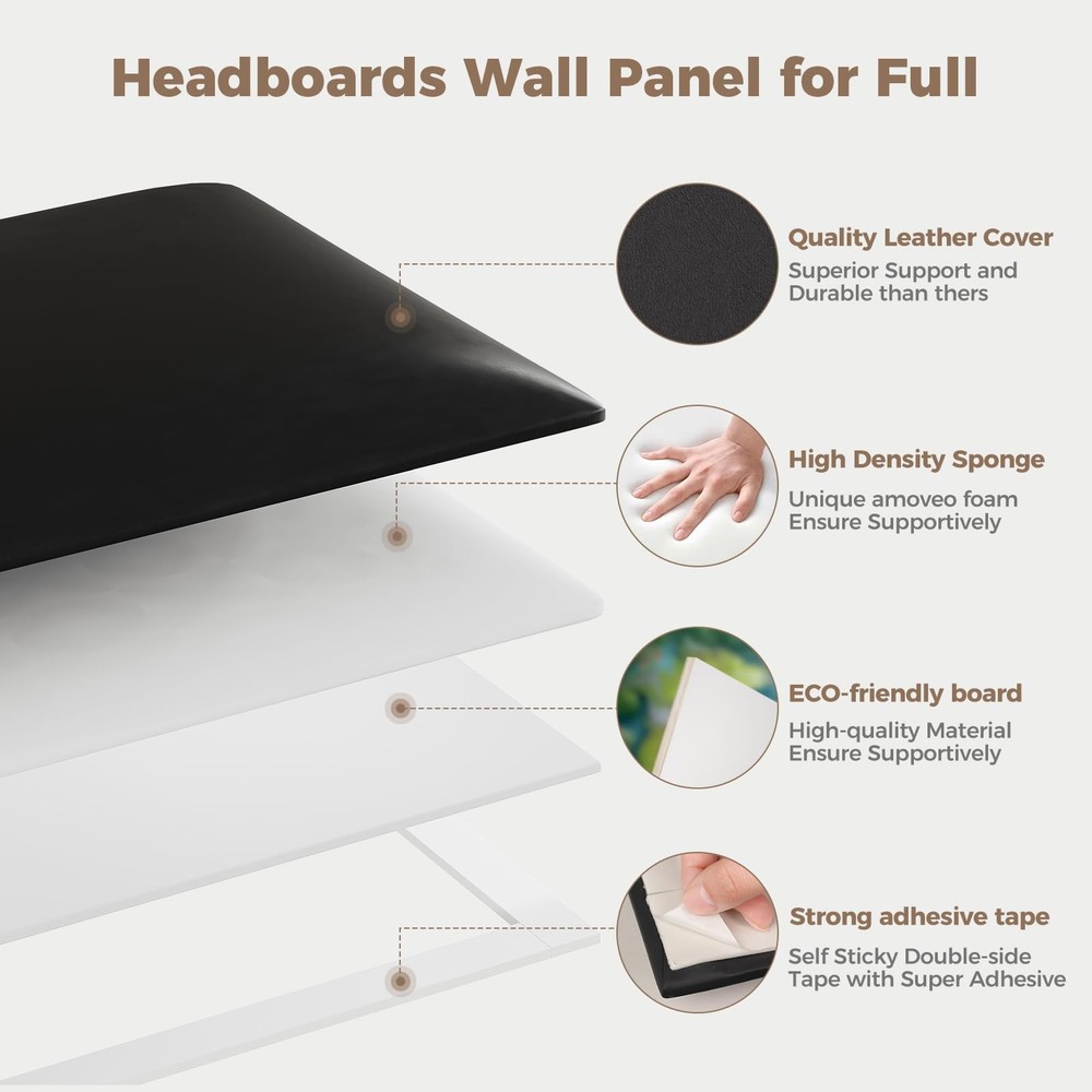 Black Stick-On Wall Mounted Headboard - 6-Piece Modular Bed Backboard for Que...