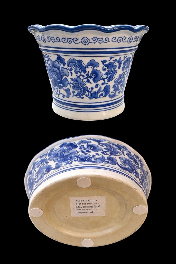Blue & White Ceramic Cachepot / Planter Jardinière 7 X 21”