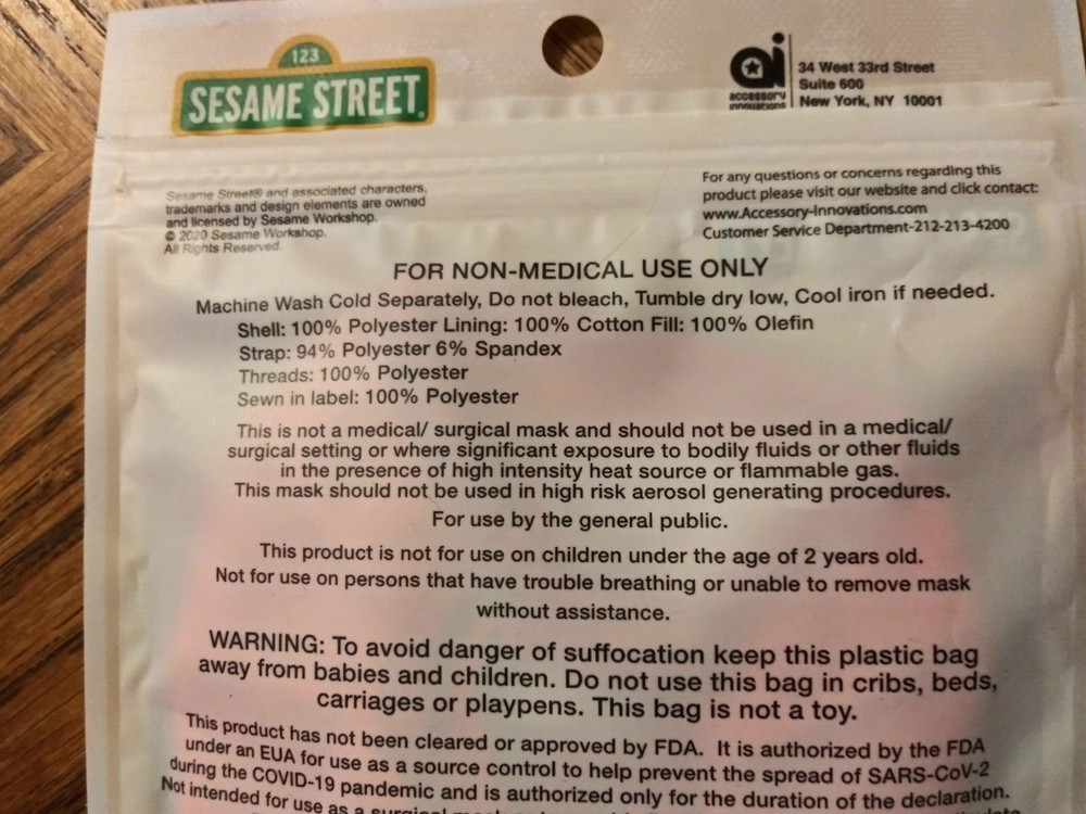 One Face Mask Sesame St. 123 Washable Reusable Age 4+ Shell Polyester Lining Cot