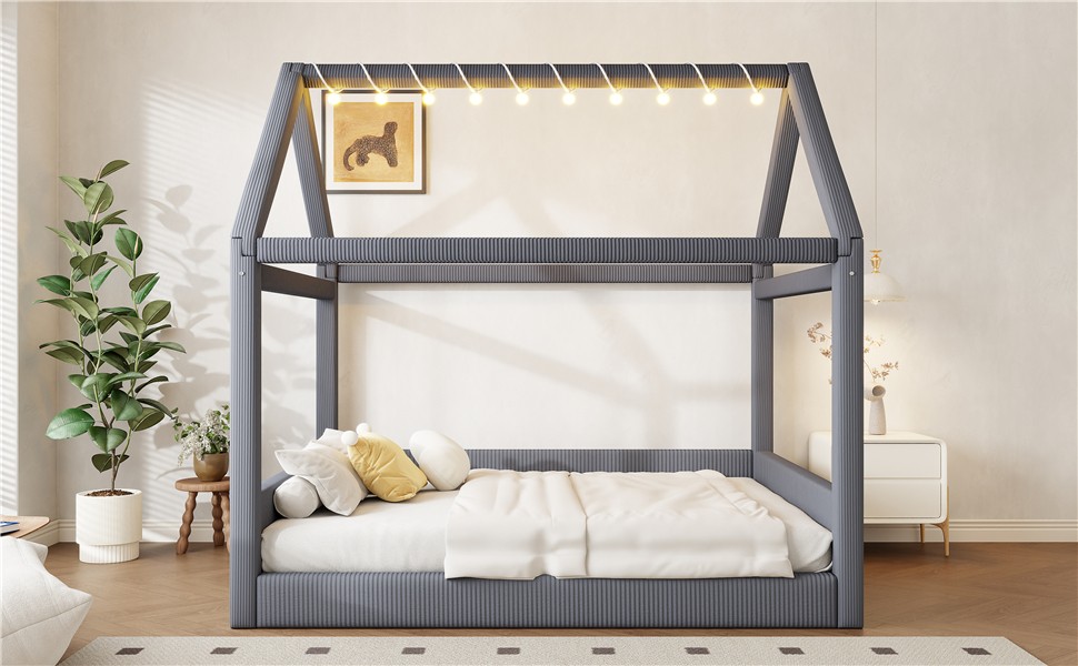Full Size Upholstered House Daybed with LED Light Strips,Grey
