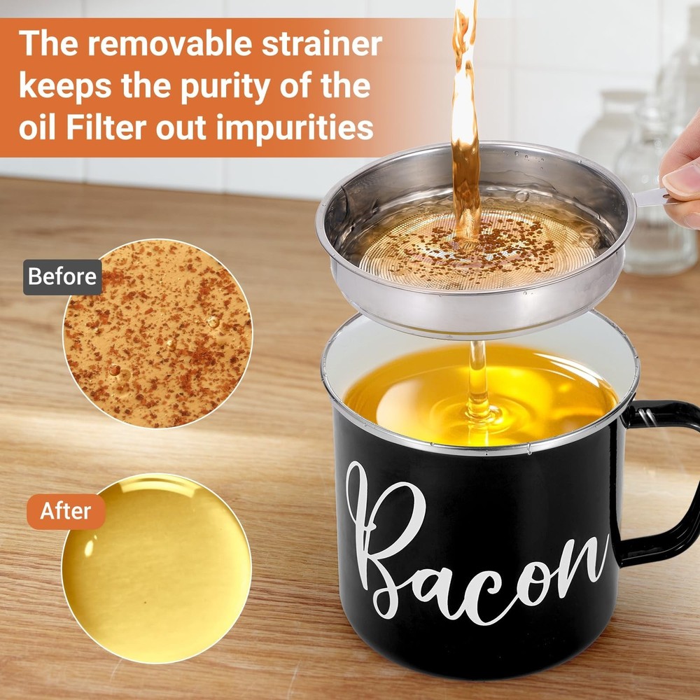 Bacon Grease Container with Strainer - Mini 15oz Enamel Grease Container, Far...