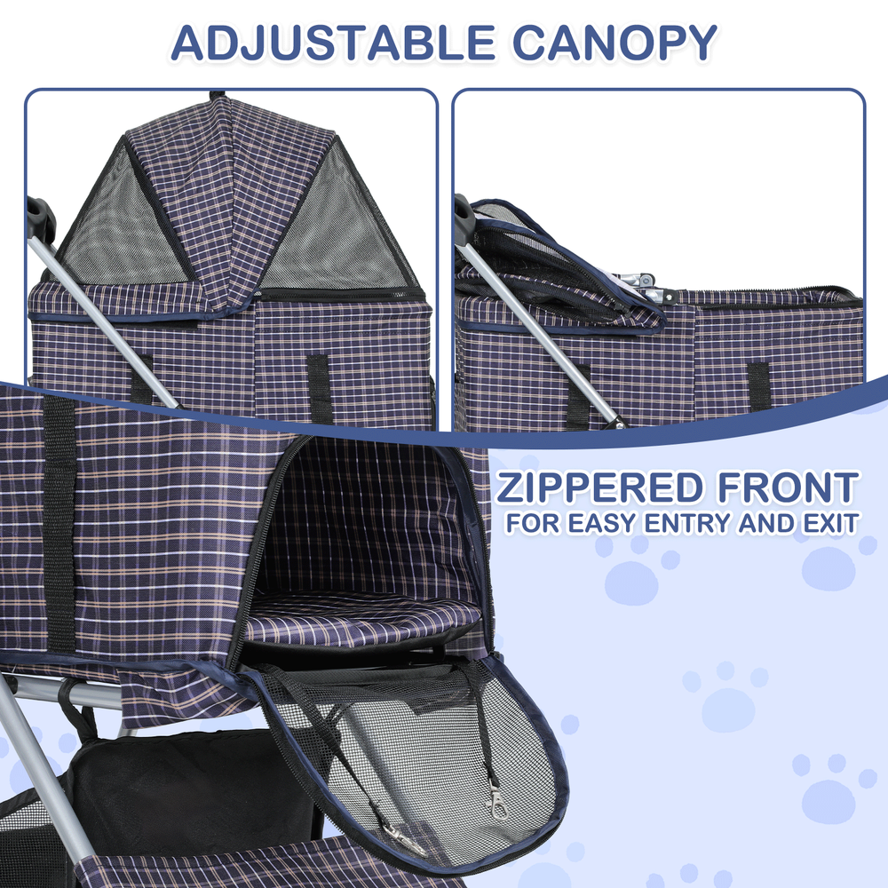4 Wheels Pet Stroller Foldable Cat Cage Puppy Stroller Storage Basket+Cup Holder