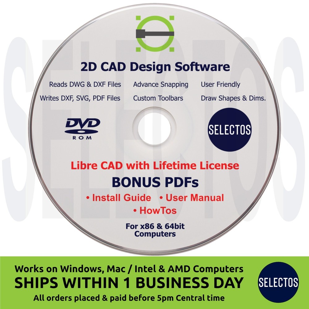 2024 Libre CAD 2D Design Software CD for Windows & Mac + PDFs Install, Manual