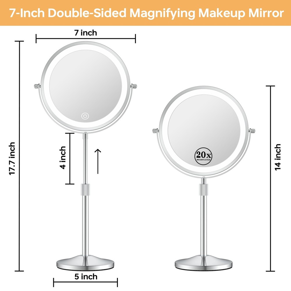 Makeup Mirror with Lights, Height-Adjustable Lighted Makeup Mirror with 1X/20...