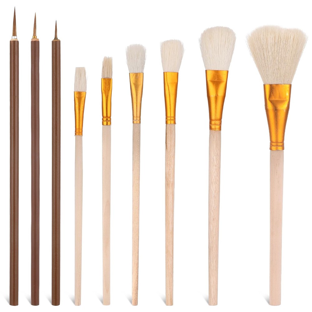 9 Pack Pottery Glaze Brushes Ceramic Brush Set, small to medium, Brown