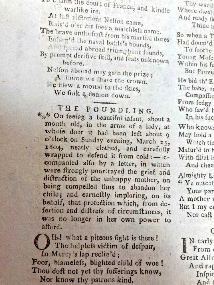 FOUNDLING ABANDONED CHILD OPIATE POEM ODE 1804 ABSTRACT SINGLE PAGE