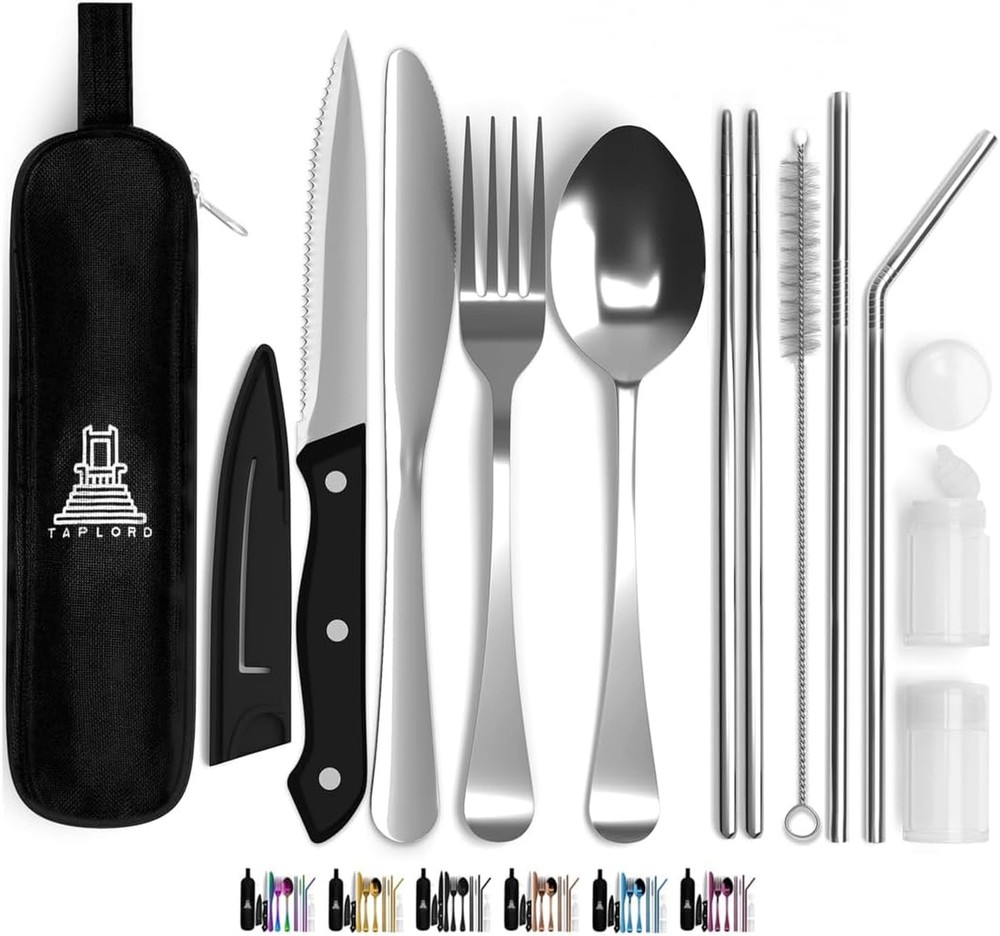 Portable Travel Silverware Set With Case, Includes 10 Pcs 10 Pieces, Silver