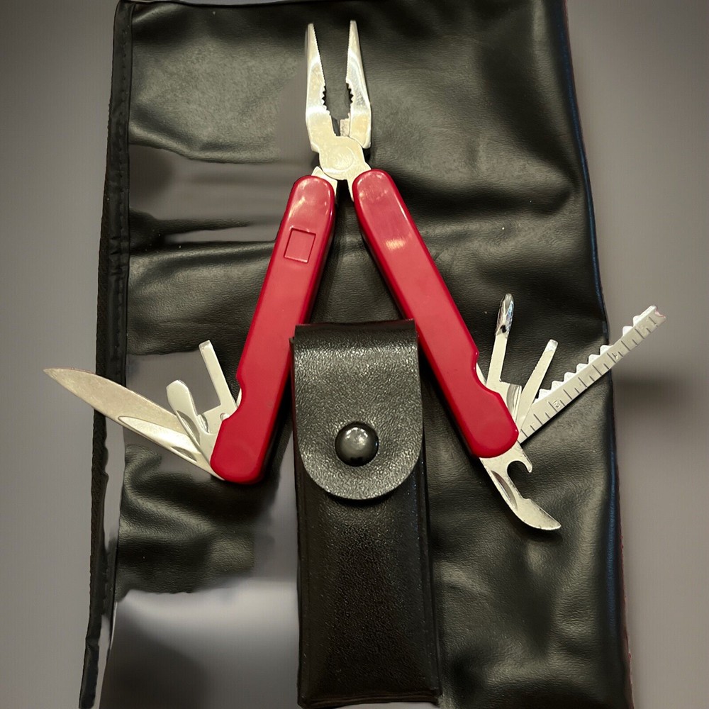 Multi Tool 8 Blade Pocket Knife Red Handle Black Sheath NIB