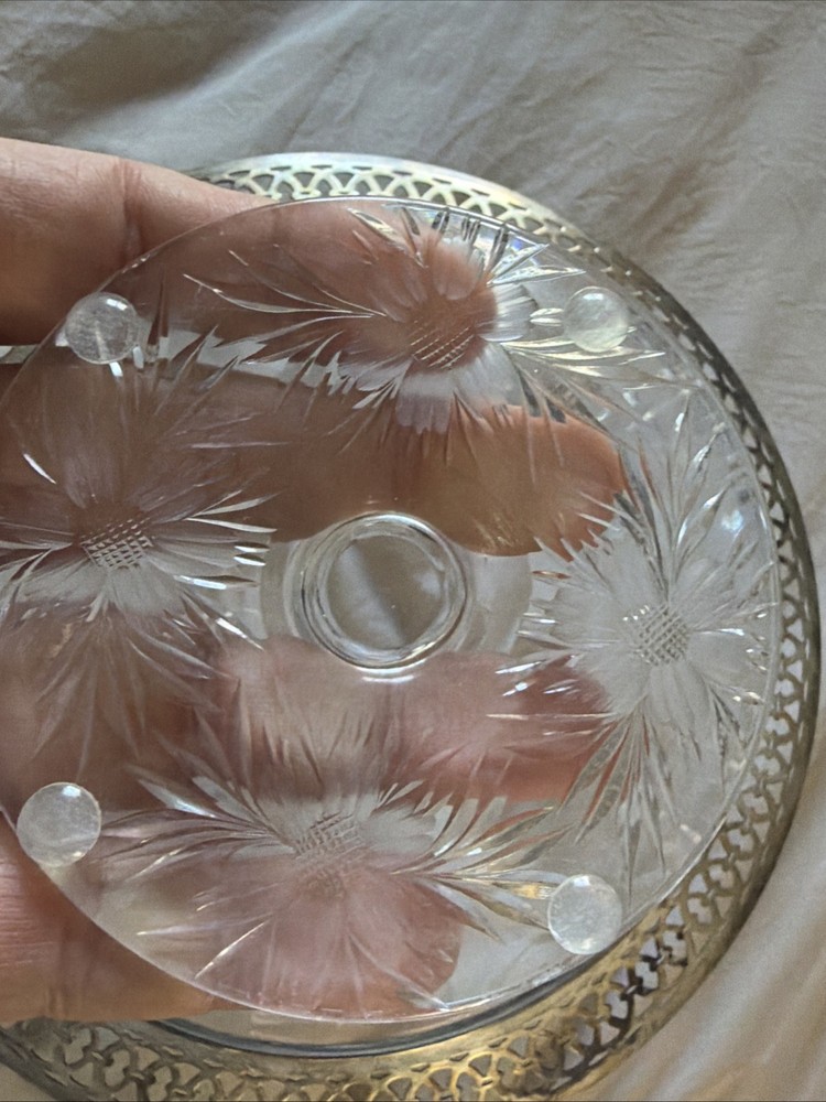 Cut Glass Footed Bowl Openwork Sterling Border 1940 Mono